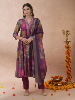 FASHOR - Purple Floral Printed A-Line Kurta with Pant and Dupatta (Set of 3)