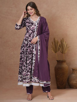 FASHOR - Purple Floral Printed Anarkali Kurta with Pant and Dupatta (Set of 3)