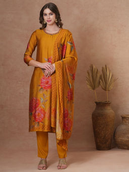 FASHOR - Mustard Floral Printed Straight Kurta with Pant and Dupatta (Set of 3)