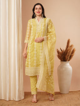 FASHOR - Yellow Chikankari Embroidered Straight Fit Kurta with Pant and Dupatta (Set of 3)