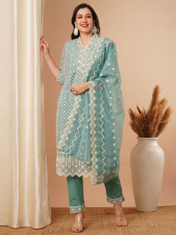 FASHOR - Turquoise Floral Chikankari Embroidered Straight Kurta with Pant and Dupatta (Set of 3)