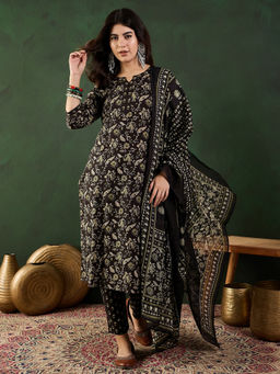 Vastramyaa - Black Floral Printed Kurta with Pant and Dupatta (Set of 3)