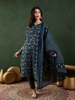 Vastramyaa - Navy Blue Floral Printed Kurta with Pant and Dupatta (Set of 3)