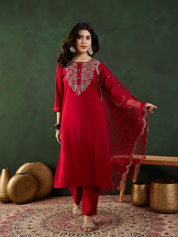 Vastramyaa - Maroon Zari Embroidered Kurta with Pant and Dupatta (Set of 3)