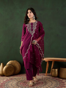 Vastramyaa - Wine Zari Embroidered Kurta with Pant and Dupatta (Set of 3)