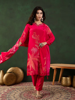 Vastramyaa - Pink and Orange Floral Printed Kurta with Pant and Dupatta (Set of 3)