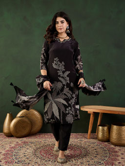 Vastramyaa - Black and Grey Floral Printed Kurta with Pant and Dupatta (Set of 3)