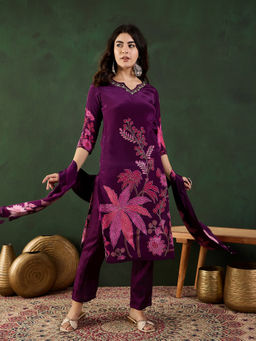 Vastramyaa - Purple and Pink Floral Printed Kurta with Pant and Dupatta (Set of 3)