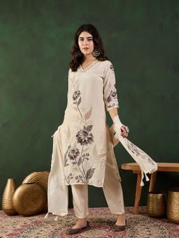 Vastramyaa - Beige and Brown Floral Printed Kurta with Pant and Dupatta (Set of 3)