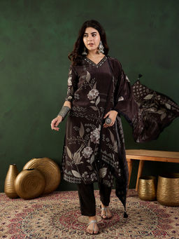 Vastramyaa - Black and Grey Floral Printed Kurta with Pant and Dupatta (Set of 3)
