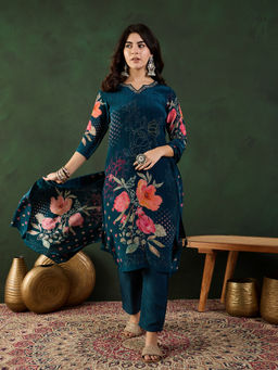 Vastramyaa - Teal Blue and Multi Floral Printed Kurta with Pant and Dupatta (Set of 3)