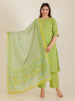 ARAMYA - Multi-Color Soft Cotton A-Line Butti Print Kurta & Pant with Dupatta (Set of 3)