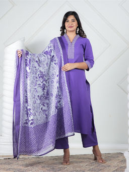 ARAMYA - Purple Linen Cotton Straight Solid Kurta & Pant with Dupatta (Set of 3)
