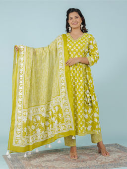 ARAMYA - Multi-Color Soft Cotton Floral Print Kurta & Pant with Dupatta (Set of 3)