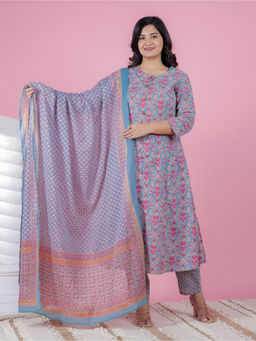 ARAMYA - Multi-Color Soft Cotton A-Line Floral Print Kurta & Pant with Dupatta (Set of 3)