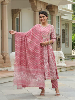 ARAMYA - Pink Soft Cotton Anarkali Block Print Kurta & Pant with Dupatta (Set of 3)