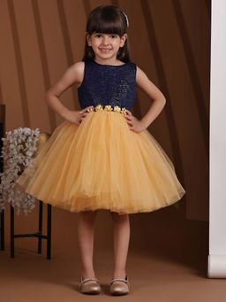 Toy Balloon Kids - Girls Gold and Blue Colourblocked Fit and Flare Party Dress