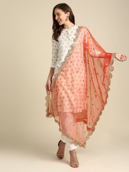 Dupatta Bazaar - Womens Red Embroidered Net Dupatta with Scallops