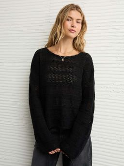 American Eagle - Women Bold Black Cropped Crochet Sweater
