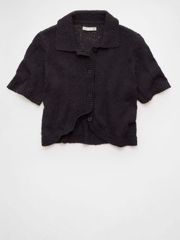 American Eagle - Women Black Short-Sleeve Collared Button-Up Cardigan