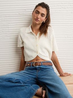 American Eagle - Women Cream Short-Sleeve Collared Button-Up Cardigan