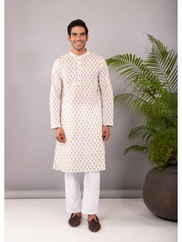 RATAN JAIPUR - White And Yellow Regular Cotton Full Sleeve Chinese Collar Long Kurta