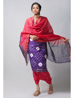 Unnati Silks - Unstitched Indigo Pure Bandhani Cotton Salwar Kameez (Set of 3)