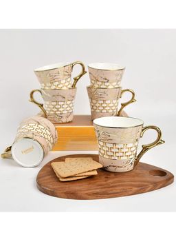 Femora - Indian Ceramic Fine Bone China Pink Gold Line Tea Cup - 6 Pcs - 155 Ml