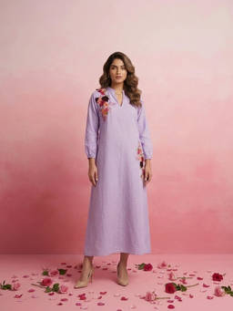 Chrkha - Lilac Rose Embroidered A-Line Dress