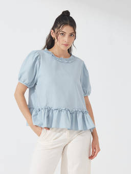 Depano - Dusty Blue Frill Hem Top