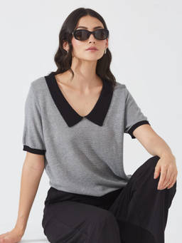 Depano - Grey Contrast Collar Knit Top