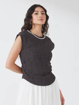 Depano - Charcoal Pearl Trimmed Cap Sleeve Top