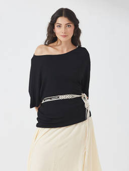 Depano - Off-Shoulder Drape Black Knit Top with Belt