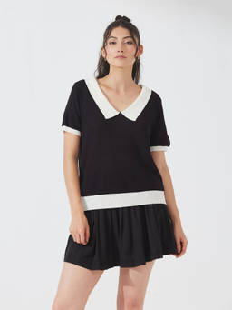 Depano - Black Monochrome Knit Collar Top