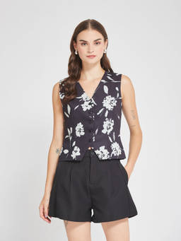 Depano - Black Floral Printed Sleeveless Waistcoat
