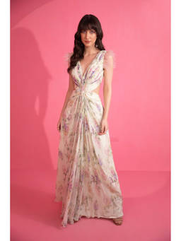 Mani Bhatia - Multicolour Floral Cutout Gown With Feathers