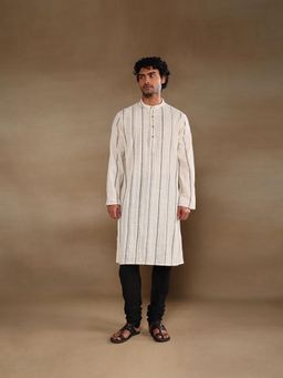 Fabindia - Off White Cotton Blend Stripe Long Kurta