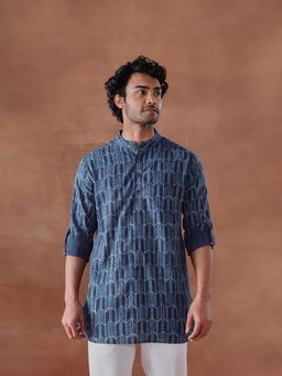 Fabindia - Indigo Cotton Dabu Printed Slim Fit Short Kurta