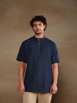 Fabindia - Navy Cotton Dobby Short Kurta