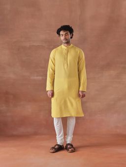 Fabindia - Yellow Cotton Dobby Slim Fit Long Kurta