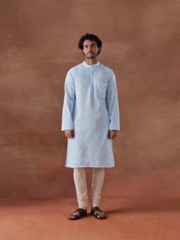 Fabindia - Blue Cotton Stripe Slim Fit Long Kurta