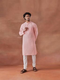 Fabindia - Pink Cotton Stripe Slim Fit Long Kurta