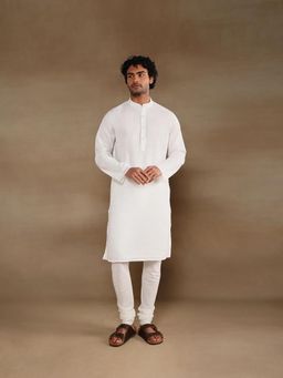 Fabindia - White Cotton Dobby Slim Fit Long Kurta