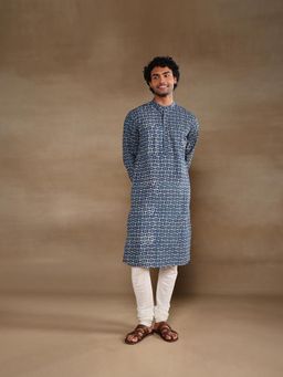 Fabindia - Indigo Cotton Dabu Printed Slim Fit Long Kurta