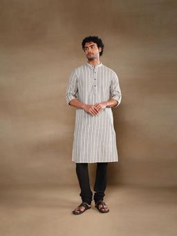 Fabindia - Grey Cotton Dobby Slim Fit Long Kurta