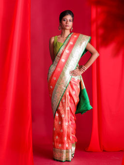 Beatitude - Red Woven Banarasi Saree with Unstitched Blouse