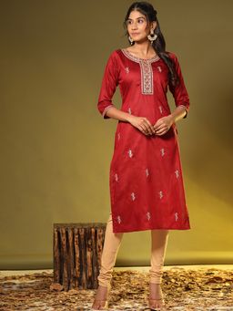 Vbuyz - Women's Embroidered Straight Chanderi Marron Stitched Kurta(vf-ku-1962)