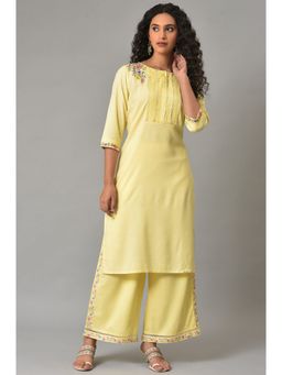 W - Yellow Embroidered Summer kurta With Pleats On Yoke