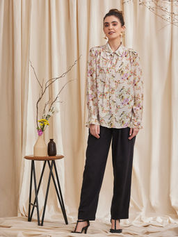 B77 - Alyssa Off White Floral Printed Viscose Crepe Shirt
