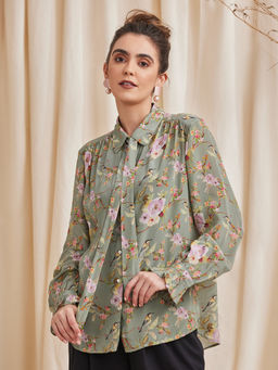 B77 - Alyssa Green Floral Printed Viscose Crepe Shirt
